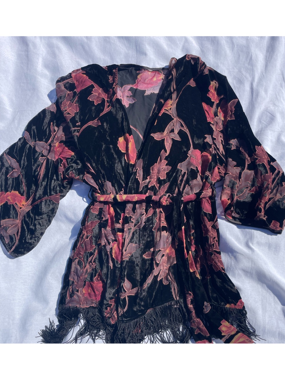 Floral Velvet Kimono Robe - Black & Pink